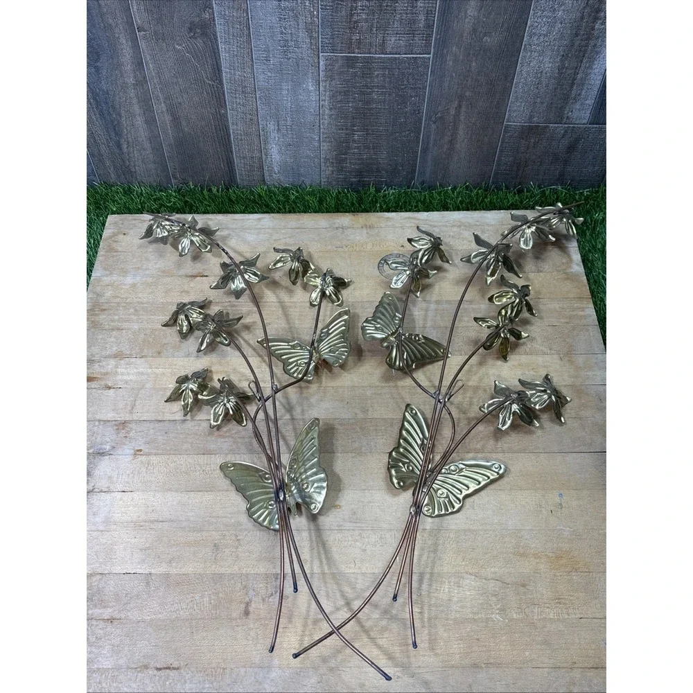 Retro MCM Metal Brass Butterfly Flower Leaves Wall Hanging Art Decor Set Of 2